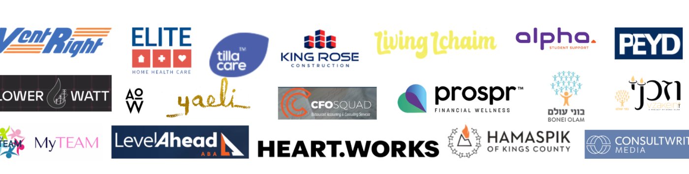 Client logos: VentRight, Elite Home Health Care, Tilla Care, King Rose Construction, Living Lchaim, Alpha, PEYD, Lower Watt, Yaeli, CFO Squad, Prospr, Bonei Olam, MyTeam, LevelAhead ABA, Heart.Works, Hamaspik of Kings County, Consultwrite Media